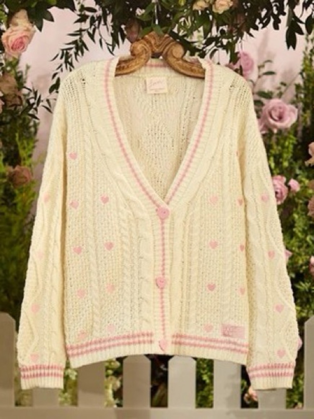 Lover Taylor Swift Cream and Pink Heart Knit Cardigan Sweater - Women